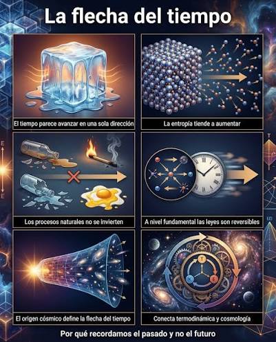 La flecha del tiempo explica por qué el pasado y el futuro no son lo mismo.  Aunque las ecuaciones fundamentales son reversibles, el desorden siempre  tiende a crecer. El aumento de la