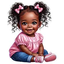 Afro Pigtail Baby Girl Clipart: Pink Denim Outfit (PNG)