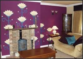 Modern Purple Living Room Decorating Ideas With Purple Wall And Flower Motive Wall Also Wooden Tab Wall Decor Living Room Purple Living Room Red Bedroom Colors