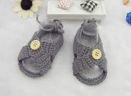 handmade grey crocheted baby sandals high quality crochet baby boy sandals with button to open