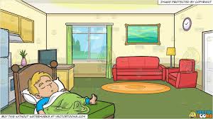 A Boy Sleeping Comfortably And The Kitchen And Living Room Of A Small House Background Green Curtains Yellow Walls Red Sofa