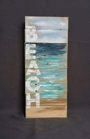 Reclaimed Wood Pallet Art Hand Painted Seascape With Beach Wording Beach Cottage Upcycled Wall Art Distressed Wood Pallet Art Pallet Art Beach Wall Art
