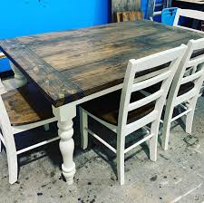 Styles featuring wood, painted and metal, find the perfect pair for your dining. 5ft Rustic Farmhouse Table With Turned Legs Bench And Chair Set Dark Walnut Top And Antique White Base Wooden Dining Table