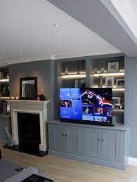 Purpose Built Media Display Unit With Hideaway Tv On Remote Controlled Mechanism Alcove Ideas Living Room Living Room Wall Units Living Room Built Ins