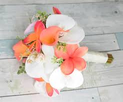 6 bouquets of 5 white latex real calla lily flower wedding decoration. Natural Touch Off White Plumerias Orchids And Coral Calla Lilies Wedding Bouquet