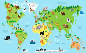 Cartoon World Map With 55 Animals Cartoon Animal World Map For Children And Kids Animals From All Over The Worl Continents And Oceans Cartoon World World Map