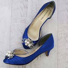 Royal Blue Peep Toe Kitten Heel Custom Wedding Shoes With Silver Crystal And Pearl Adornment Blue Wedding Shoes Wedding Shoes Heels Blue Wedding Shoes Low Heel