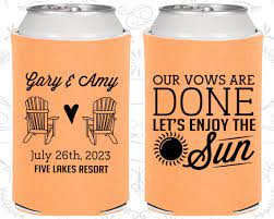 The sun mildly said no. Our Vows Are Done Lets Enjoy The Sun Wedding Decoration Summer Wedding Beach Wedding Beach Chairs Beer Can Coolers 508 By My Wedding Store Catch My Party