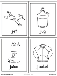 Easy j words for preschoolers and kindergarteners ; Letter J Words And Pictures Printable Cards Jet Jug Juice Jacket Myteachingstation Com