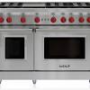 Wolf 48 inch freestanding all gas range with natural gas, 6 sealed burners, griddle, double ovens, 6.9 cu. 1