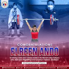 The handlers of elreen anne ando are confident that the promising cebuana weightlifter having high chances of winning medal at the long delayed tokyo olympics scheduled next month. Philippine Sports Commission On Twitter Congratulations Elreen Ando For Winning Two Silver And One Bronze Medals In The Women S 64kg Category Of The 2020 Asian Weightlifting Championship In Tashkent Uzbekistan Mabuhay Ang