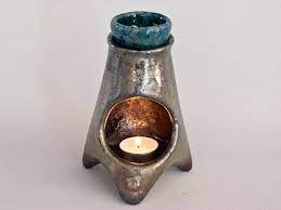 Ceramic Handmade Raku Fired Green Blue Bronze Essential Oil Burner Oil Warmer Oil Diffuser Wax Melter One Of A Kind Tripod In 2021 Ceramics Pottery Lamp Ceramic Candle Holders