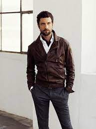 Fall Outfit Inspiration With A Brown Leather Jacket White Button Up Shirt Gray Trousers Leather Jacket Outfit Men Leather Jacket Style Leather Jacket Men Style