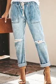 3.9 out of 5 stars with 18 ratings. Light Blue Shredd Drawstring Elastic Waist Pocket Casual Jeans 061367 Women Jeans Casual Jeans Chic Jeans Elastic Waist Jeans Denim Joggers Pants For Women