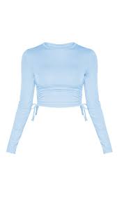 Baby Blue Jersey Ruched Side Long Sleeve Top Prettylittlething Usa