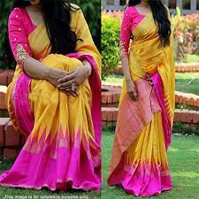 Yellow Pink Banglori Silk Gold Foil Printed Saree With Embroidered Blouse Saree Designs Pink Silk Saree Embroidered Blouse