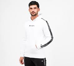 Small script logo across chest. Champion Logo Tape Overhead Hoodie White Footasylum