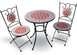Garden Table Set 2 Folding Chairs Set Mosaic Red Small Bistro Patio Steel Cerami