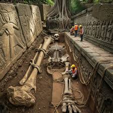 unearthed in the jungle-shrouded ruins of angkor, cambodia, this monumental skeletal form lies within temple grounds dating back to the 12th century khmer empire—though the structure it rests in appears even older,