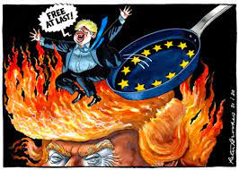 The phrase out of the frying pan into the fire is used to describe the situation of moving or getting from a bad or difficult situation to a worse one, often as the result of trying to escape from the bad or difficult one. The Times On Twitter Out Of The Frying Pan Into The Fire A Cartoon By Brookestimes For The Times On Brexitday Https T Co C2gznlucrb Https T Co Tfijxf5ddi
