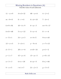 The Missing Numbers In Equations Variables All Operations Range 1 To 9 A Algebra Worksheets Pre Algebra Worksheets Algebra Equations Worksheets