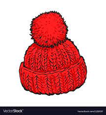 Bright Red Winter Knitted Hat With Pompon Vector Image Winter Knit Hats Knitted Hats Winter Knits