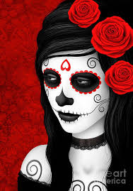 Day of the Dead Sugar Skull Woman with Red Roses Art Print by Jeff Bartels 
