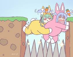 kukie-nyan, uruha rushia, usada pekora, hololive, super bunny man, 2girls,  animal costume, artist name, blue hair, braid, carrot hair ornament, empty  eyes, food-themed hair ornament, green hair, hair ornament, hug, hug from