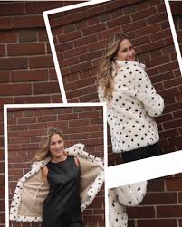 Black And White Polka Dot Fur Coat Rebeccataylornyc Designed A White Faux Fur Coat With Little Black Polka Dots This One Hits Perfectly Faux Fur Coat Black Leather Dresses White Faux Fur Coat