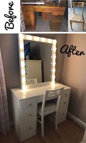 Diy vanity mirrors with lights (ideas & projects) diy vanity dresser with mirror 'claire baker' figured out how to use an ikea malm desk, alex drawer units, and musik lighting strips to create her one of a kind vanity dresser with mirror, lighted, of course! Look At This Amazing Vanity Makeover Refurbished Desk And Handmade Diy Vanity Mirror Created A Pe Refurbished Furniture Diy Furniture Vanity Diy Vanity Mirror