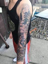 The forearm also provides the wearer the. Forest Landscape Half Sleeve Tattoos For Men Black Top Red Pants White Sneakers Half Sleeve Tattoos Designs Girls With Sleeve Tattoos Forest Tattoo Sleeve