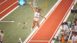 Tara davis of the texas longhorns celebrates after winning the long jump during the 2021 division i men's and women's outdoor track . Tara Davis Track Field Cross Country University Of Texas Athletics