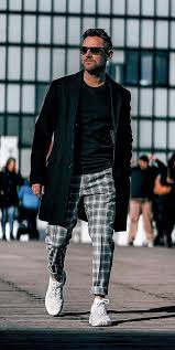 Black And Yellow Plaid Pants Mens Grey Plaid Pant And Black Overcoat Outfit For Men Pants Outfit Men Mens Plaid Pants Mens Outfits