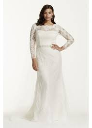 Lace Long Sleeve Sheath Gown With Beading David S Bridal Long Sleeve Sheath Wedding Dress Wedding Dresses Plus Size Wedding Dress Sleeves