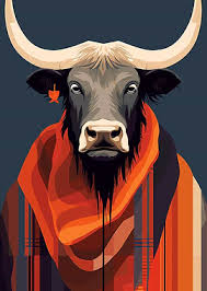Bull in Scarf' Poster, picture, metal print, paint by Brook Ethan