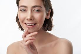 Pretty Happy Brunette Woman with Blunt Bob Stock Image