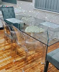 Canglong acrylic ghost chairs with crystal clear seat,modern dining chairs plastic shell accent side chairs for kitchen, dining, living, guest, bed room, set of 4, transparent 4.5 out of 5 stars 15 $229.00 $ 229. Ghost Chairs With A Glass Table Make Decofurn Furniture Facebook