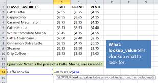 Vlookup Example Explained At Starbucks Excel Campus In 2020 Excel Shortcuts Excel Excel Hacks
