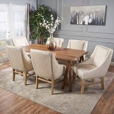 Sandor Farmhouse 7 Piece Dining Set With Fabric Dining Chairs Natural Farmhouse Dining Set Fabric Dining Chairs Farmhouse Dining