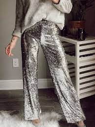 Silver Sequin Glitter Sparkly High Waisted Fashion Long Pants Pants Bottoms