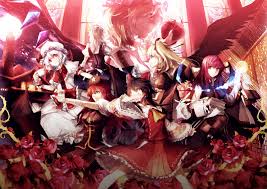 konachan com 138072 apple black hair book flowers food gray hair green eyes hat koakuma maid moon night red eyes red hair ribbons rose stars touhou vampire wi
