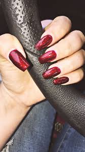 Since acrylic nails are a combination of liquid monomer and powder polymer when applied to your nails and exposed to the air, they form a hard layer, so you're guaranteed to have cute and strong nails. Dark Red Acrylic Nails Red Sparkly Nails Red Acrylic Nails Red Nails Glitter