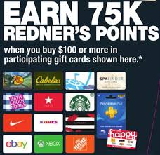 Cabela's egift cards from svm. Expired Redner S Markets Buy 100 Select Gift Cards Earn 75 000 Points Ebay Home Depot Nike Happy More Gc Galore