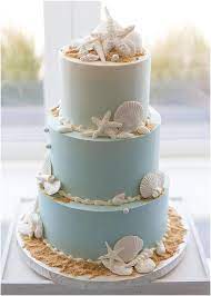 Beach Inspired Wedding Cake With Aqua Blue Ombre And Seashells Beach Theme Wedding Cakes Beach Wedding Cake Beach Themed Cakes