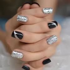 Short Black And Glitter Nails Rough Silver Glitter Faux Ongles Short Black Nails Fake Bling Lady Artificial Acrylic Nail Tips For In 2020 Acrylic Nail Tips Beautiful Nails Gel Nails