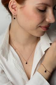 925 Sterling Silver Black Teardrop Beaded Jewelry Set Best Friend Gift  Black Crystal Bracelet Earrings Necklace Set Gift for Mom Silver Set