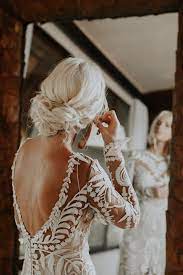 This Backless Lace Dress Loose Braided Bun Gives An Elegant Feel Image By Brooke Taelor Boho Wedding Dress Backless Wedding Dress Boho Wedding