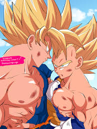 son goku, vegeta, dragon ball, dragonball z, chest armor, highres, 2boys,  abs, armor, bara, blonde hair, blue bodysuit, bodysuit, broken armor,  closed mouth, cloud, day, dirty, dirty face, green eyes, large pectorals,