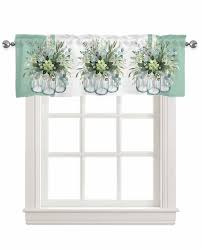 Pink White Eucalyptus Linen Curtain Valance for  Bedroom/Bathroom/Kitchen/Living/Dining Room Window,Leaves Flower Geometric  Stripes Spring Pocket Topper Drapes Decorative Cafe Drapery Panel 42"x18"