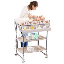 9 x packs water wipes 108 x pampers nappies up to 4 weeks: Costway 2 In 1 Baby Bath Tub Rolling Unit Station Storage Trays Changing Table T Baby Bath Changing Table Baby Changing Table Pad